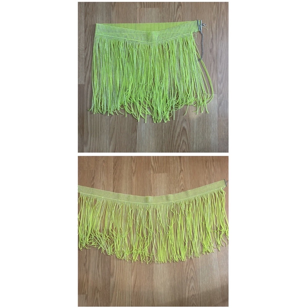 Womens Neon Lime Green Rhinestone Fringe Mini Skirt Festival‎ Clubwear - Picture 3 of 3